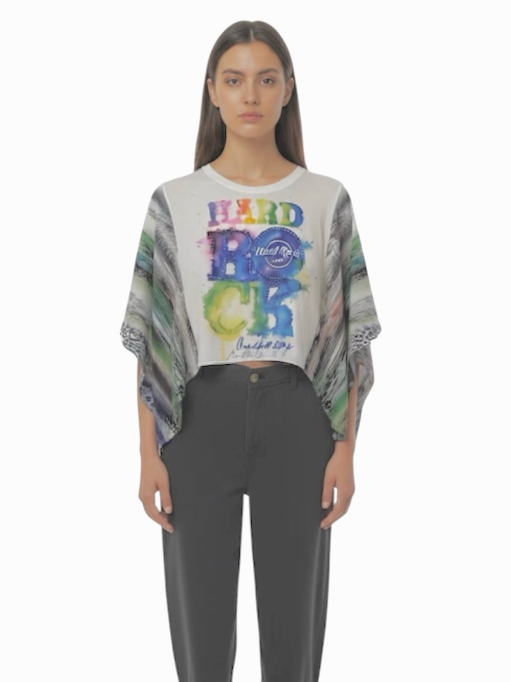 Upcycled Hard Rock Cafe Watercolor Logo Cropped Top with kimono sleeves